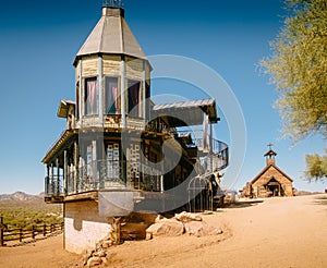 Old Western Wooden Buildings in Goldfield Gold Mine Ghost Town in Youngsberg, Arizona, USA