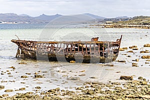 An old whaler wreck in Whalebone Cove off Stanley in the Falkland Islands.