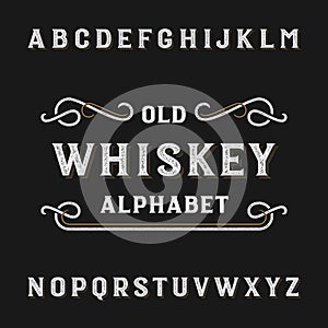 Old whiskey alphabet vector font.
