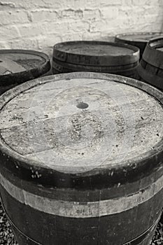 Old whisky barrels left outside to weather in the elements