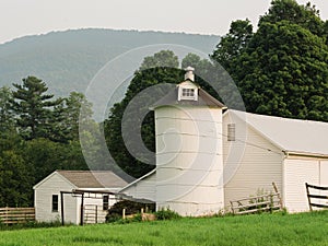 Old white barn with silo, in the Berkshire Mountains, Massachusetts