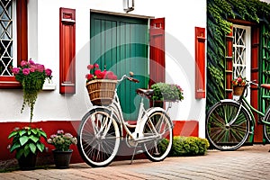 Old white bicycle with red and green flowers in front of a door vegetated generated Ai