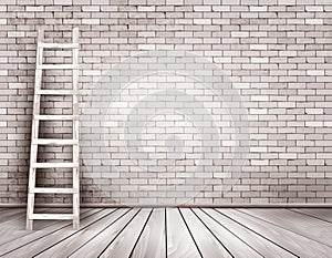 Old white brick wall background with wooden ladder.