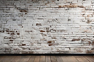 an old white brick wall and floor in the home interior as a background or texture