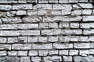 Old White Brick Wall Textured Background. Vintage Brickwall Square Whitewashed Texture. Grunge White Washed Brickwork Surface. Des