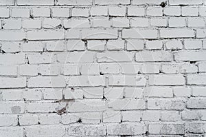 Old White Brick Wall Textured Background. Vintage Brickwall Square Whitewashed Texture. Grunge White Washed Brickwork Surface. Des