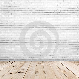 Old white brick wall and wood floor background and texture with copy space