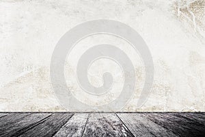 Old white concrete texture background with wooden board. Abstract background.