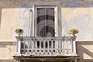 Old white decorated balcony with two plants and flowers of a ruined ancient house Italy, Europe