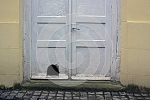 Old white dirty wooden front door