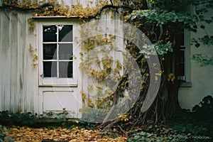 an old white house with ivy growing on the side of it
