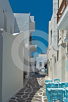 Old white house in Naoussa town, Paros island, Greece