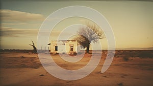 Eerie Polaroid Old House With Tree In Dry Desert photo