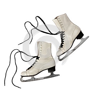 Old white ice skates with black laces on white background