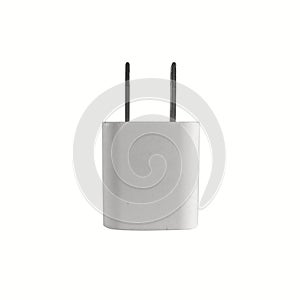 Old white mobile adapter charger and USB port plug on white background