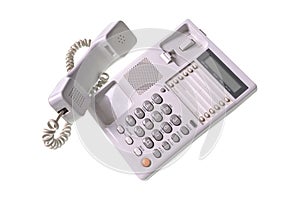 Old White Office Phone With On White Background. Phone with buttons Isolated.