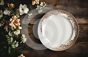 an old white plate with brown dinnerware and flowers