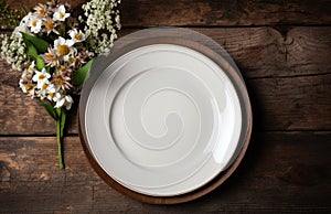 an old white plate with brown dinnerware and flowers