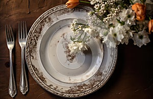 an old white plate with brown dinnerware and flowers