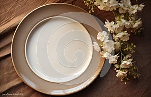 an old white plate with brown dinnerware and flowers