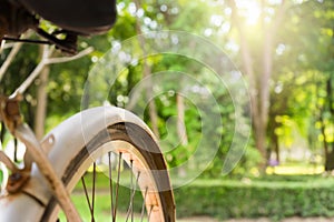 Old white rustic bicycle with blurred park background