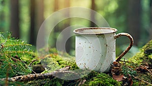 Old white rusty metal mug in forest. Cup for hot drink. Green moss
