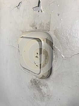 Old white switch light power technology electricity. Vintage wall control energy button equipment