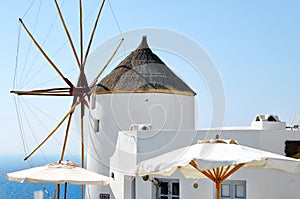 Old white windmill on Santorini island, Greece