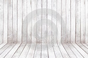 Old white wood wall panel pattern. Old white wooden floor texture for background. Empty of room