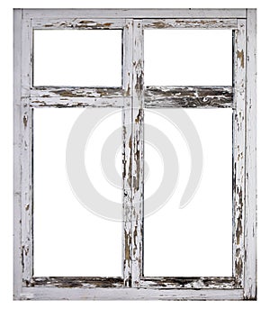 Old white wood window frame isolated on white background photo
