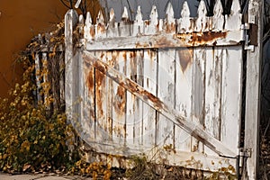 Old white wooden fence with rusty iron gate and yellow flowers in the garden
