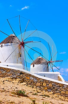 Old whitewashed windmills in Mykonos