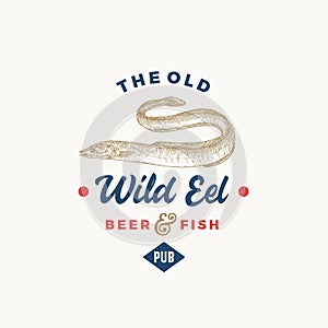 The Old Wild Eel Beer Pub Abstract Sign, Symbol or Logo Template. Hand Drawn Fish with Premium Typography. Stylish