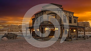 Old wild west saloon in a western desert town at sunset with mountains under orange sky in the background. 3D rendering