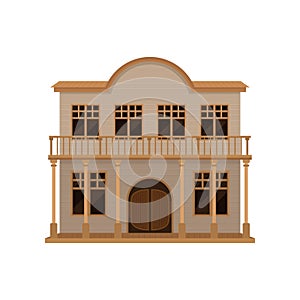 Old wild west saloon with wood swinging doors and porch. Two-storey wooden western house with balcony. Flat vector icon