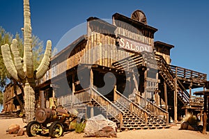 Old Wild Western Wooden Saloon in Goldfield Gold Mine Ghost Town in Youngsberg, Arizona, USA photo