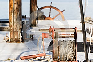 Old winch on the deck of a yacht