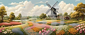 Old windmill with beauty field of different colorful flowers sunset. Graphic