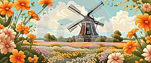 Old windmill with beauty field of different colorful flowers sunset. Graphic