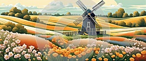 Old windmill with beauty field of different colorful flowers sunset. Graphic