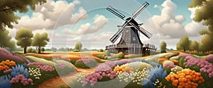 Old windmill with beauty field of different colorful flowers sunset. Graphic