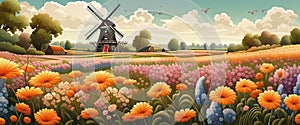 Old windmill with beauty field of different colorful flowers sunset. Graphic