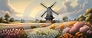 Old windmill with beauty field of different colorful flowers sunset. Graphic