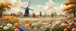 Old windmill with beauty field of different colorful flowers sunset. Graphic