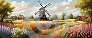 Old windmill with beauty field of different colorful flowers sunset. Graphic
