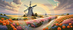 Old windmill with beauty field of different colorful flowers sunset. Graphic