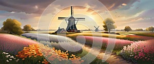 Old windmill with beauty field of different colorful flowers sunset. Graphic