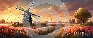 Old windmill with beauty field of different colorful flowers sunset. Graphic