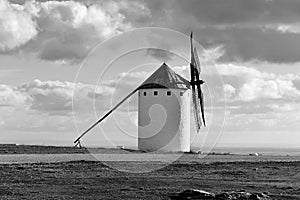 Old windmill in Campo de Criptana, Spain, black and white photo