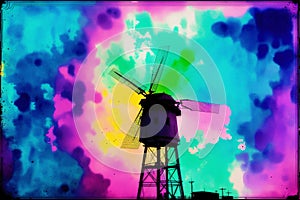 Old windmill on colorful watercolor background. Watercolor paint. Digital art, Generative AI